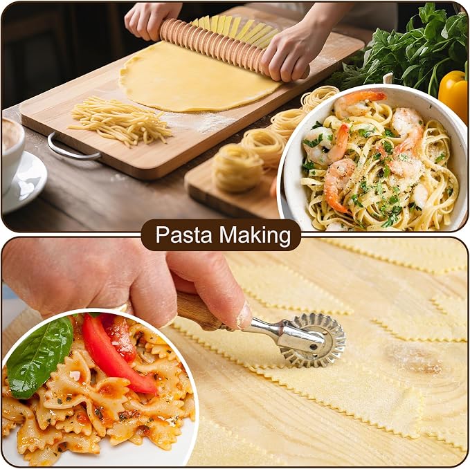 Ravioli Cutter Set - 10 Pieces Ravioli Press Mold, Round & Square Ravioli Stamp, Ravioli Cutter Wheel, Wood Rolling Pin, Pasta Making Kit for Ravioli Mold