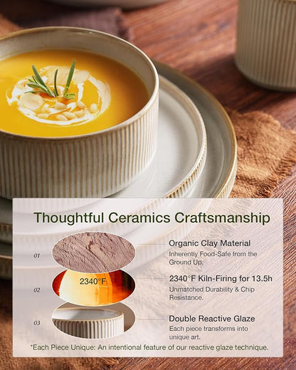 Famiware Star Dinnerware Set with Mugs, Service for 4 (16pcs), Ribbed Stoneware Plates and Bowls Dishes Sets - Chip & Scratch Resistant, Microwave & Dishwasher Safe, Cappuccino White