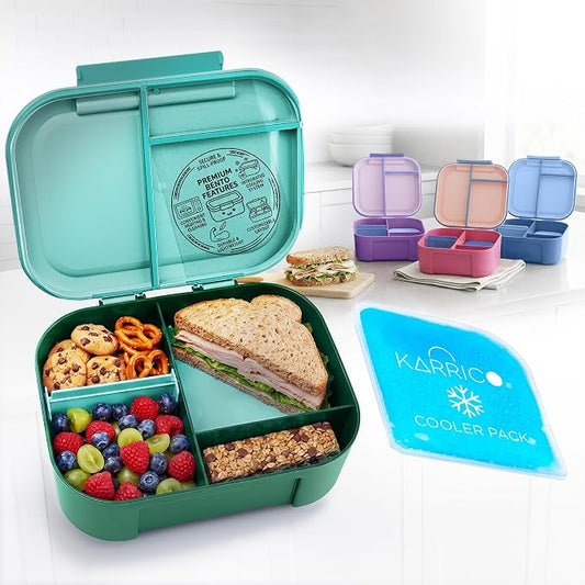 KARRICO Leakproof Lunch Box – 3-Compartment Bento Box, Cooler Pack & Adjustable Divider, Extra Large & BPA-Free – Dishwasher Safe, Ideal for On-the-Go Meals, Green