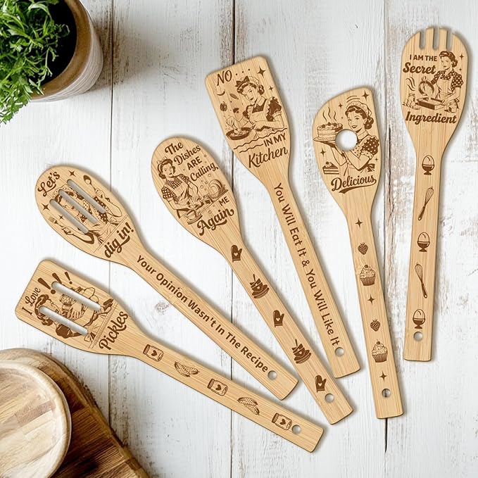 CUTHOLLOW 6PCS Retro Housewife Wooden Kitchen Cooking Utensil Set, 11.9in Non Toxic Bamboo Wood Spoon Set for Cooking, Best Housewarming Birthday Thanksgiving Christmas Gift for Women Mother