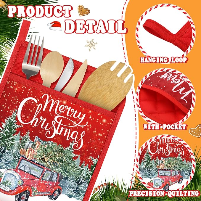 Roshtia 12 Pcs Christmas Pot Holders with Pocket Retro Xmas Farmhouse Pot Holders for Kitchen Winter Hot Pads Oven Mitts Cookie Bag Cute Heat Resistant Oven Gloves for Kitchen Gift Baking Cooking