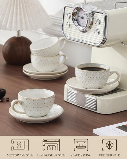 MALACASA 8 OZ Cappuccino Cups with Saucers Set of 4 - Ceramic Stackable Tea Cups and Saucers, Embossment Coffee Mugs for Tea, Latte and Mocha, Dishwasher Safe, Arctic white, LYDIA Series
