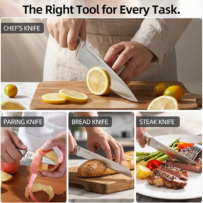 KnifeSaga Kitchen Knife Set with Block and Detachable 2-Stage Sharpener | 14-Piece Premium High Carbon Stainless Steel Knives with Ergonomic Anti-Slip Handle, Rubberwood Knife Block