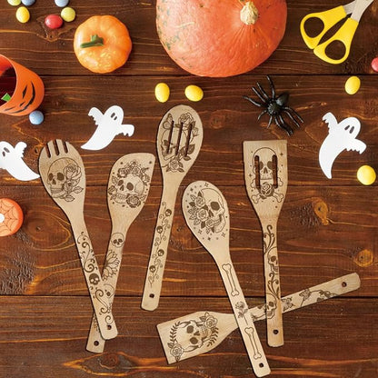6Pcs 6 Styles Skull Cooking Utensils Bamboo Kitchen Spoons 2.4 x 11.8 Inch Durable Wooden Spoon Set for Men Women Friends Halloween Housewarming Birthday Gift Wedding Apartment Essentials