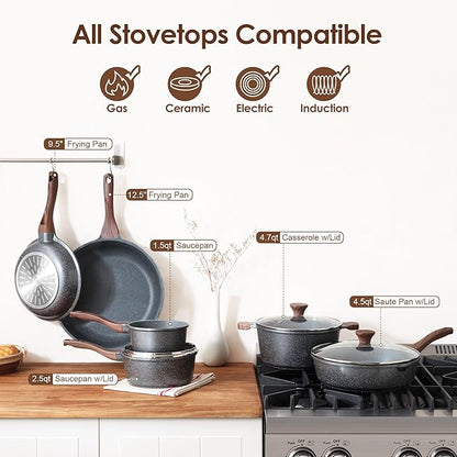SENSARTE Nonstick Cookware Set 16-Piece, Healthy Pots and Pans Set, Non-stick Kitchen Cooking Set with Stay-Cool Handles, Silicone Utensils and Pot Protectors, PFOA Free