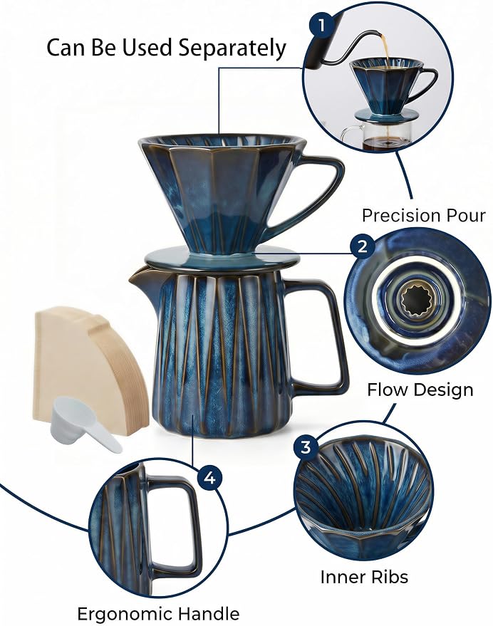 Pour Over Coffee Maker Set, Vintage Ceramic Coffee Dripper with 50 Paper Filters, 15oz/450ml, for Home Café Restaurant Camping