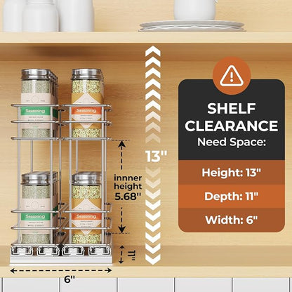 Mystozer Pull Out Spice Rack Organizer for Cabinet, Slide Out Spice Racks, Easy to Install Spice Cabinet Organizers, 5.28" Wx10.43 Dx8.26 H, 2 Drawers 2 Tiers(Silver)