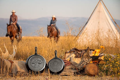 Lodge Pre-Seasoned Yellowstone Stamped Cast Iron Cookware - Signature Teardrop Handle & Assist Handle - Cowboy on Horseback 10.5 Inch Grill Pan