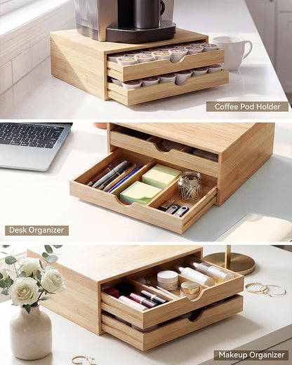 Bamboo Coffee Pod Drawer Organizer Compatible with K-Cups, Under Cabinet Coffee Station Storage Rack, Natural Wood Capsule Holder for 72 Pods, Countertop Coffee Machine Stand