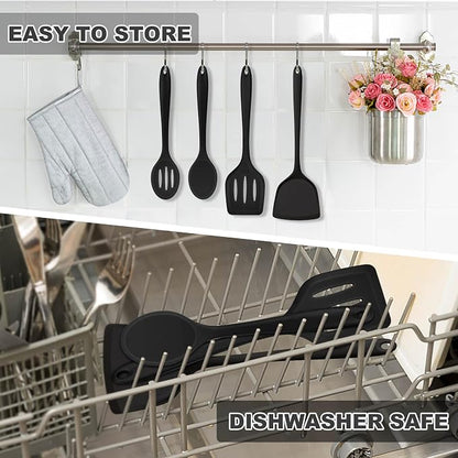 TeamFar Silicone Cooking Utensils, 4pcs Kitchen Utensils Set with Silicone Spatulas & Spoons, Heat-Resistant Solid & Slotted Cooking Spoons Turners for Non-stick Cookware, Dishwasher Safe, Black
