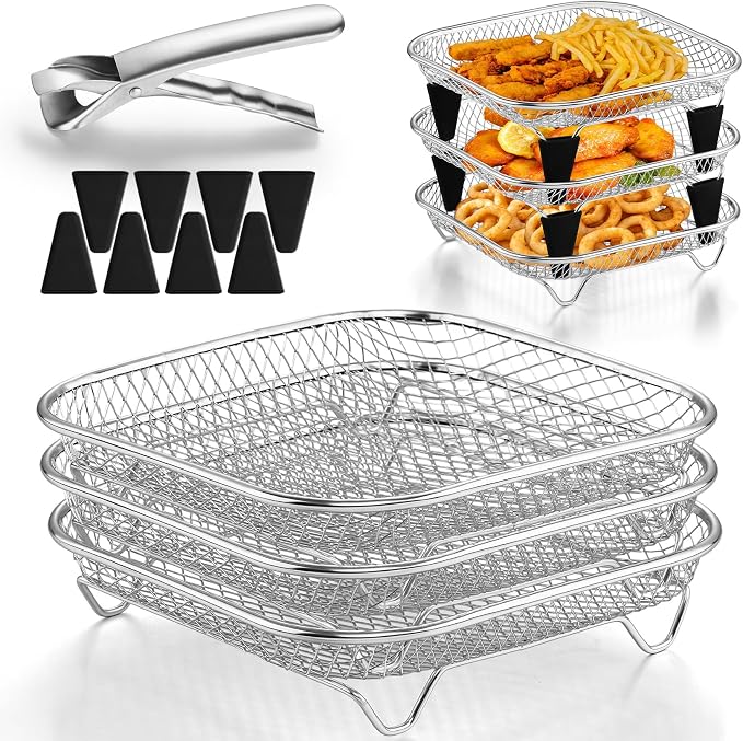 TeamFar Square Air Fryer Rack, 7.72" Stainless Steel Stackable Air Fryer Basket Accessories for Frying Roasting Baking, 3pcs Dehydrator Rack with Silicone Feet & Clip, Oven & Dishwasher Safe