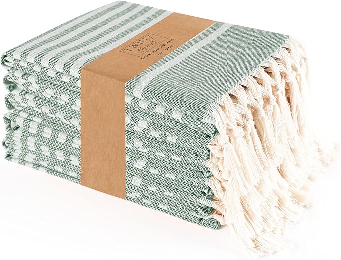TWINY threads Set of 6 100% Cotton Turkish Kitchen Towels with Hanging Loop & Tassels (18" X 28") | Ultra Washcloth with Fringes | Reusable Hand Towels - Olive Green