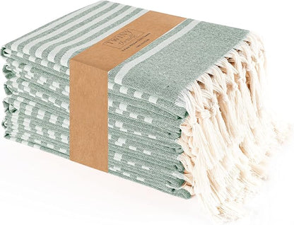 TWINY threads Set of 6 100% Cotton Turkish Kitchen Towels with Hanging Loop & Tassels (18" X 28") | Ultra Washcloth with Fringes | Reusable Hand Towels - Olive Green