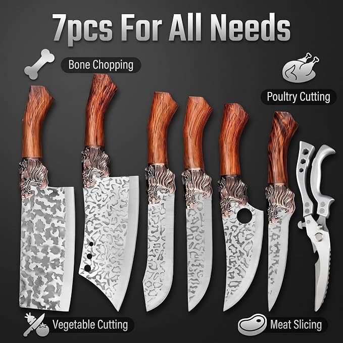 7-Piece Kitchen Knife Set, Sharp Chef Knife Set with Chinese Cleaver, Forged High Carbon Steel Butcher Knife Set, Cooking Knives, Knife Set Without Block for Home Kitchen & BBQ