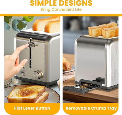 Simple Deluxe 2-Slice Toaster, Stainless Steel Toaster, 6 Browning Setting and 3 Function, Extra Wide Slot & Removable Crumb Tray, for Bread & Waffle, Silver