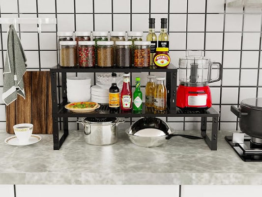 Jojocross Adjustable Expanable Stackable Spice Rack Shelf Pantry Storage Organizer for Kitchen Cabinet,Countertop,Bathroom and More.Space is no Longer Limited(1Pack/Black/Large)