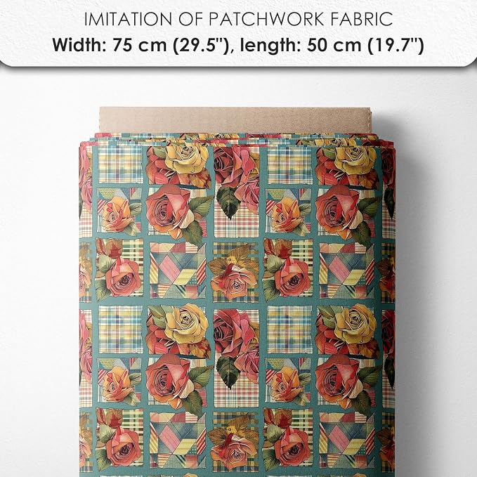 Vintage Rose Patchwork Cotton Fabric Panel – 6 Floral Designs (10×10 inch Each) + Bonus Patchwork Sheet 29.5×19.6 inch, 100% Cotton 140 GSM