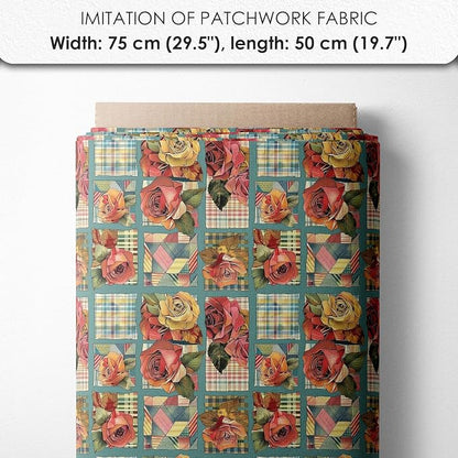 Vintage Rose Patchwork Cotton Fabric Panel – 6 Floral Designs (10×10 inch Each) + Bonus Patchwork Sheet 29.5×19.6 inch, 100% Cotton 140 GSM