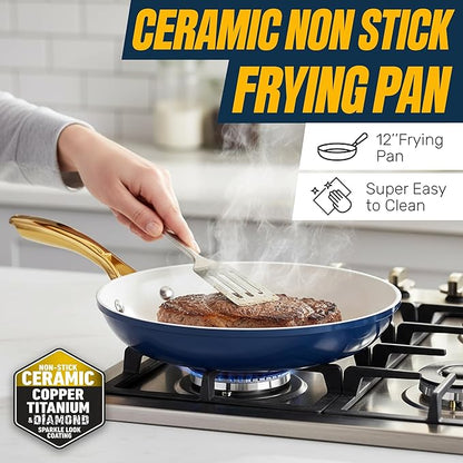 15 Pc Pots and Pans Set Non Stick - Gotham Steel Ceramic Cookware Set, Diamond Reinforced Nonstick, PFOA & PFAS Free, Non Toxic Kitchen Cookware, Oven Safe to 500°F, Dishwasher Safe - Navy