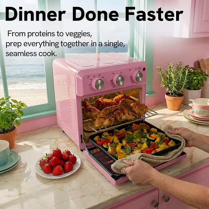VAL CUCINA 6-in-1 Retro Air Fryer Toaster Oven Combo, Compact 12.7 QT Small Countertop Convection Oven, Fits 9" Pizza & 4 Toast, Hexagon Hybrid Heating, Enamel Baking Pan Included, Pink Color