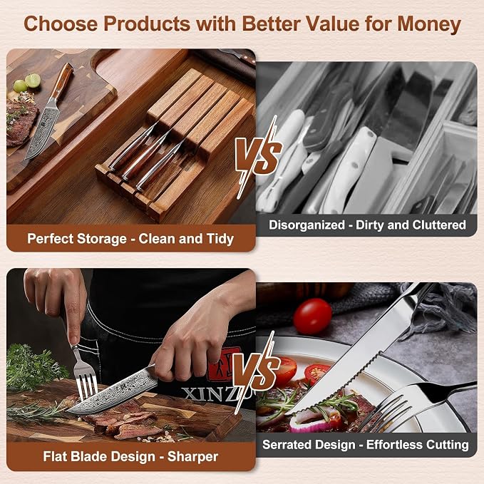 XINZUO 5Pcs Steak Knives Set, Non Serrated Dinner Knives with Drawer Knife Holder,67-layer Damascus Steel Kitchen Knife with Rose Wood Handle, Acacia Wood Knife Block