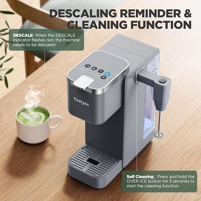 Tastyle 330MF Single Serve Coffee Maker with Built-in Detachable Milk Frother, Iced and Hot Coffee Machine for K Cup & Grounds, 40oz Removable Water Reservoir, 6 Cup Sizes, Fits 7.3" Travel Mug, Gray