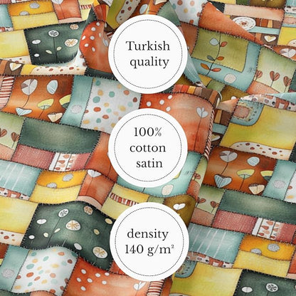 Patchwork Cotton Fabric Panel 61 x 36.6 Inches, Scandinavian Heart Pattern Quilt Style, Multicolor Rustic Design, 100% Cotton 140 GSM