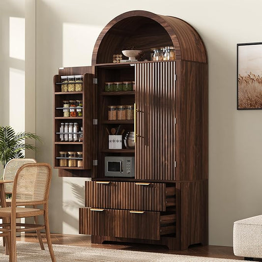 72" Tall Arched Kitchen Pantry Cabinet with 2 Drawers, Mid Century Modern Fluted Storage Cabinet with 8 Adjustable Door Shelves, Wooden Cupboard Organizer for Kitchens, Living Room (Walnut-6.3)