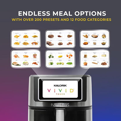 Kalorik Air Fryer VIVID TOUCH Series 7 Quart Capacity with High-Resolution Touchscreen 200 Cooking Presets in 12 Food Categories with View Window, 1500-Watts, Stainless Steel