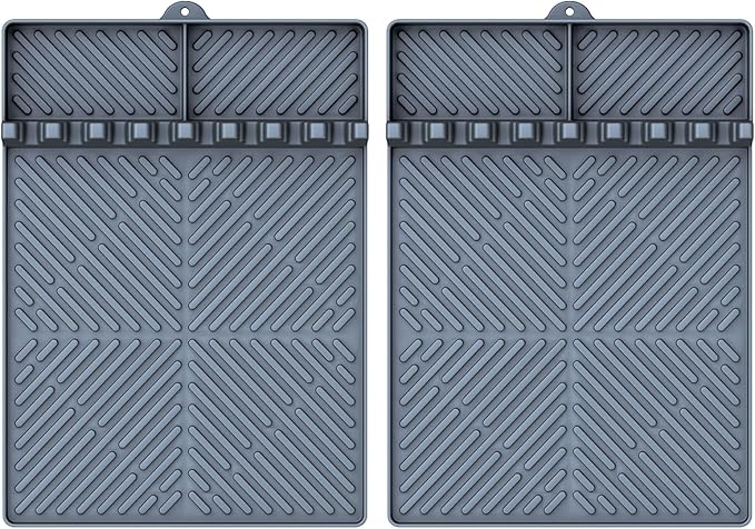 Silicone Griddle Tools - Spatula Mat with Drip Pad & Grill Utensil Holder Side Shelf for Kitchen, Cooking, Countertop, Griddle Accessories - Grey, 2 Pack