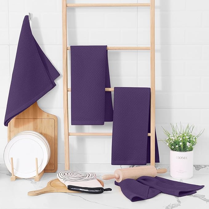 Homaxy 100% Cotton Waffle Weave Kitchen Dish Towels, Ultra Soft Absorbent Quick Drying Cleaning Towel, 13 x 28 Inches, 18-Pack, Eggplant