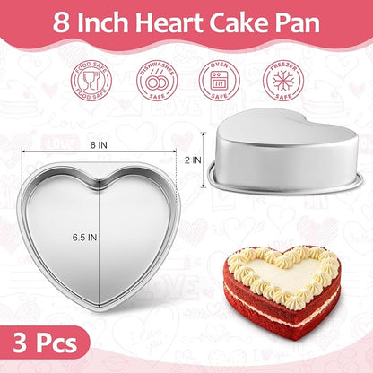 E-far 8 Inch Heart Cake Pan, 3Pcs Stainless Steel Heart Shaped Cake Mold, Cake Tin Baking Pan for Valentine's Day Anniversaries Wedding, Non-Toxic & Dishwasher Safe
