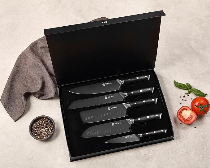 Wakoli Titanium Noir Knife Block Set – 5-Piece Chef Knife Set with Magnetic Acacia Block | 5Cr15MoV Stainless Steel Blades with Black Titanium Coating | Ergonomic G10 Handles | Kitchen Knives Gift Set