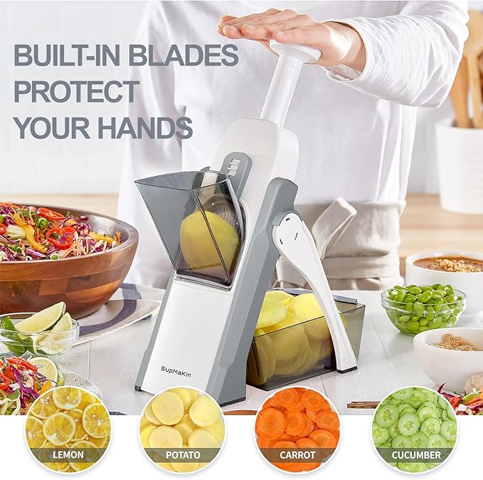 SupMaKin Safe Mandoline Slicer for Kitchen, Potato Slicer for Chips, Vegetable & Food Cutter,Thickness Adjustable 0.1-8 mm, Kitchen Faster Slice Artifact (Only Slicer)