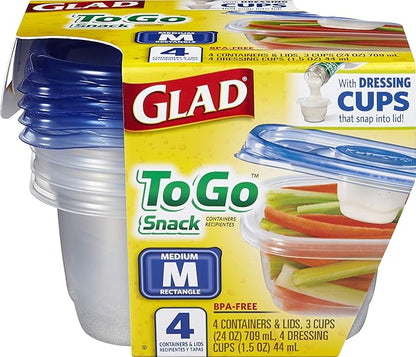 Glad GladWare To Go Snack Food Storage Containers with Lids, Medium Rectangle No BPA Plastic with Built-In Dressing Cup for Salads and Snacks, Microwave Dishwasher Safe, 24 Oz, 4 Count - 6 Pack