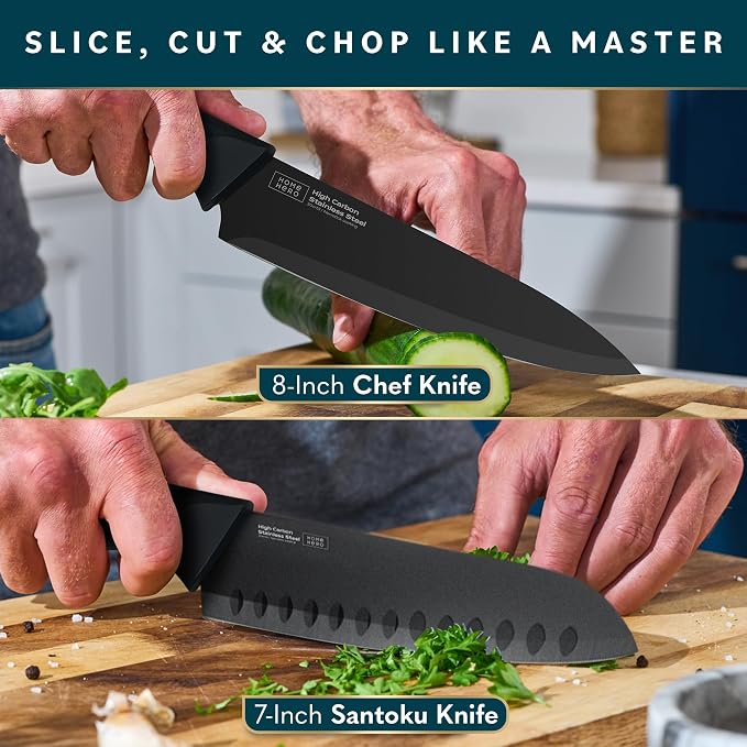 Home Hero Kitchen Knife Set - 15 PCS Black Knife Set with Block and Sharpener - Stainless Steel Knife Set - Ergonomic Handles - Includes Steak Knives Set of 6 - Knife Block Set for Kitchen