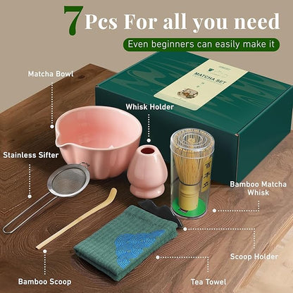 Renmxj Matcha Whisk Set,7 PCS Ceramic Matcha Kit Includes Matcha Bowl with Spout, Matcha Whisk and Holder, Bamboo Scoop, Stainless Sifter, Tea Towel, Unique Gift for Matcha Lovers (Pink)