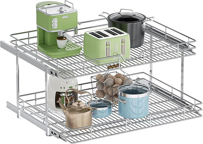2-Tier Pull Out Cabinet Organizer, 31.5" W x 21.5" D, Heavy Duty Dual Slide Out Shelves for Wide Base Cabinets, Chrome Wire Basket Drawer for Pots, Pans, Pantry & Cleaning Supplies