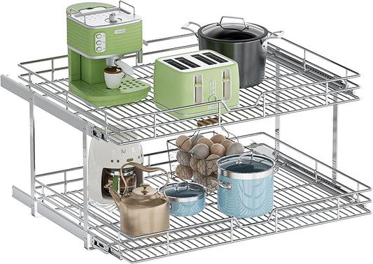 2-Tier Pull Out Cabinet Organizer, 31.5" W x 21.5" D, Heavy Duty Dual Slide Out Shelves for Wide Base Cabinets, Chrome Wire Basket Drawer for Pots, Pans, Pantry & Cleaning Supplies