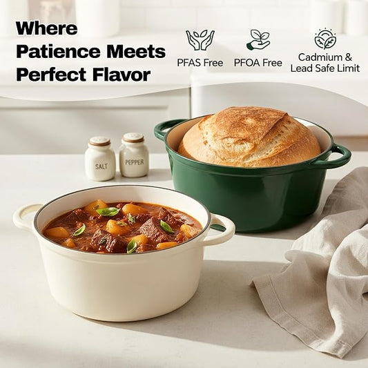 6.5 Quart Dutch Oven Pot with Lid, Non Stick Enameled Cast Iron Dutch Oven for Bread Baking, Heavy-Duty, Oven Safe Ceramic Cookware Up to 500°F for Baking, Braising, Stews, Roasting, Green