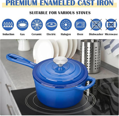 E-far Enameled Cast Iron Sauce Pan, 2 Quart Dutch Oven Saucepan with Lid, Small Sauce Pot for Cooking, Boiling, Healthy & Non Toxic, Induction & Oven Safe, Deep Blue