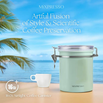 Mixpresso Green Coffee Canister, 16oz Airtight Stainless Steel Kitchen Food Storage Container with Clear Lid and Spoon. for Grounds Coffee, Beans, Tea, Flour, Cereal, Vacuum Sealed Sugar Container