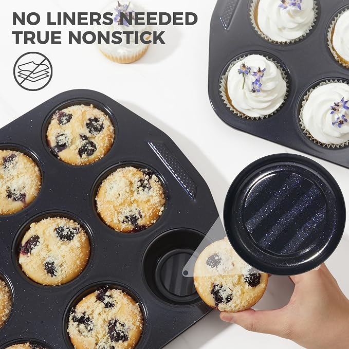 HONGBAKE 9-Piece Nonstick Bakeware Set, Wave Texture for Easy Release, 0.8mm Thick Non-Toxic Baking Pans Set, Includes Stackable Cookie Sheets, Shimmer Blue