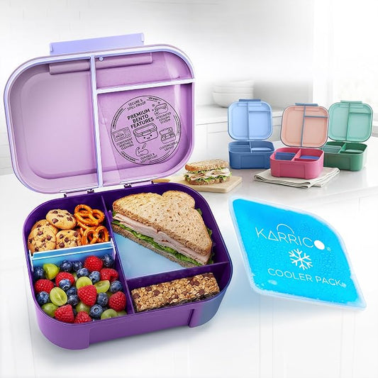 KARRICO Leakproof Lunch Box – 3-Compartment Bento Box, Cooler Pack & Adjustable Divider, Extra Large & BPA-Free – Dishwasher Safe, Ideal for On-the-Go Meals, Lilac & Blue