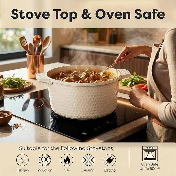 Gotham Steel Hammered 5 Qt Lightweight Dutch Oven Pot with Lid & Holders, Ceramic Non Toxic, Oven Safe & Even Heat Retaining Dutch Oven for Bread Baking Sourdough, Soup, 70% Lighter than Cast Iron