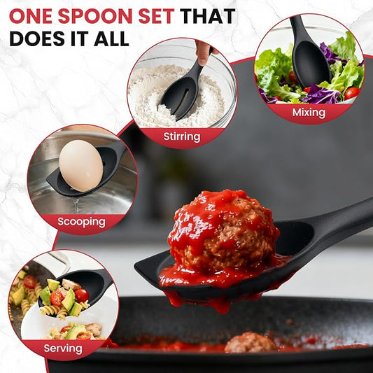 Silicone Spoons for Cooking, 600°F Heat Resistant Cooking Spoon with Solid & Slotted Spoon for Mixing, Serving, Stirring, Scraping, BPA Free Silicone Kitchen Utensil Set, Dishwasher Safe (2Pcs, Black)