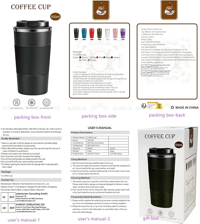 YINJAM 17oz Travel Coffee Mug Insulated Coffee Cups to Go with Leakproof Lid Vacuum Stainless Steel Double Walled Thermal Car Coffee Tumbler for Hot Cold Ice Tea Drinks Reusable (Blue, 17oz)