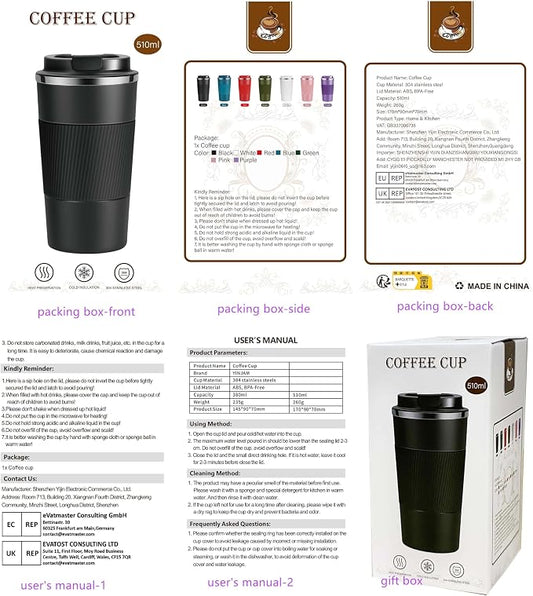 YINJAM 17oz Travel Coffee Mug Insulated Coffee Cups to Go with Leakproof Lid Vacuum Stainless Steel Double Walled Thermal Car Coffee Tumbler for Hot Cold Ice Tea Drinks Reusable (Black, 17oz)