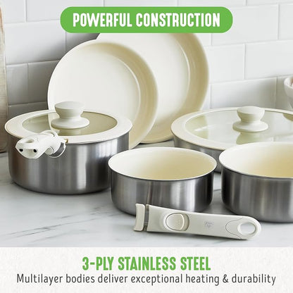 GreenLife Stainless Steel Nonstick 10 Piece Cookware Set, Detachable Handle, Induction Ready, Stackable Kitchen Set, Tri Ply Ceramic PFAS Free Pots & Pans, Space Saving, Oven Safe, Glass Lid, Silver