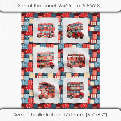 Patchwork Double-Decker Bus Cotton Fabric Panel – 6 Designs (10×10 inch Each) + Bonus Sheet 29.5×19.6 inch, 100% Cotton 140 GSM, Made in Türkiye